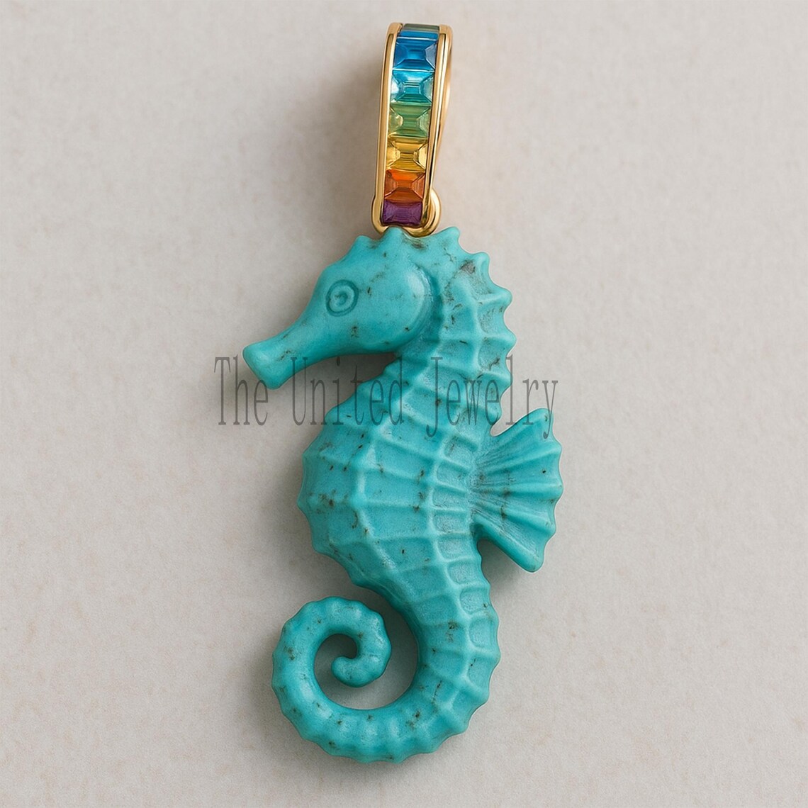 Turquoise Seahorse Pendant with Rainbow Baguette Bail | Sterling Silver Ocean Charm | Colorful Nautical Jewelry Gift