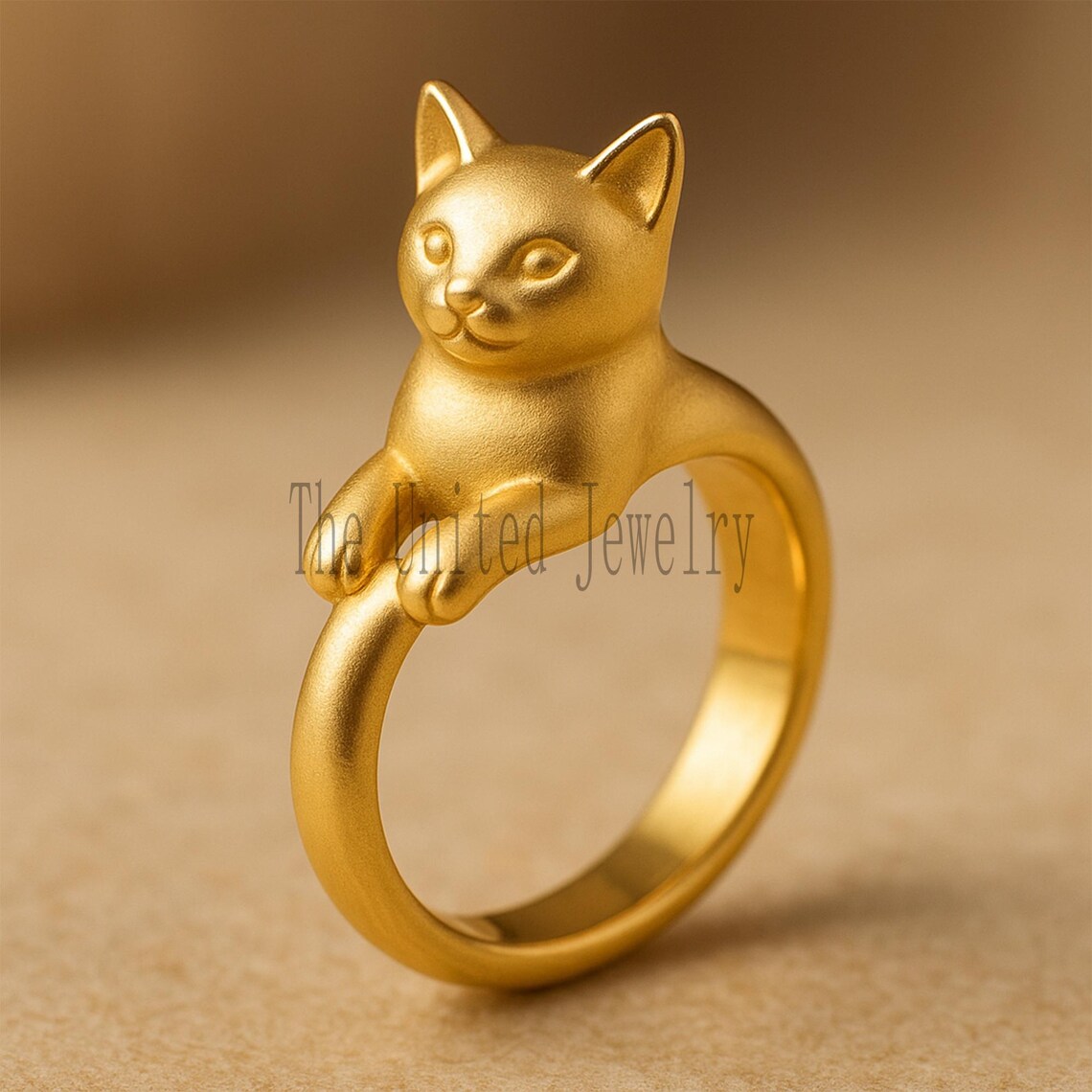 Matte Gold Sterling Silver Cat Ring - Minimalist Kitty Jewelry