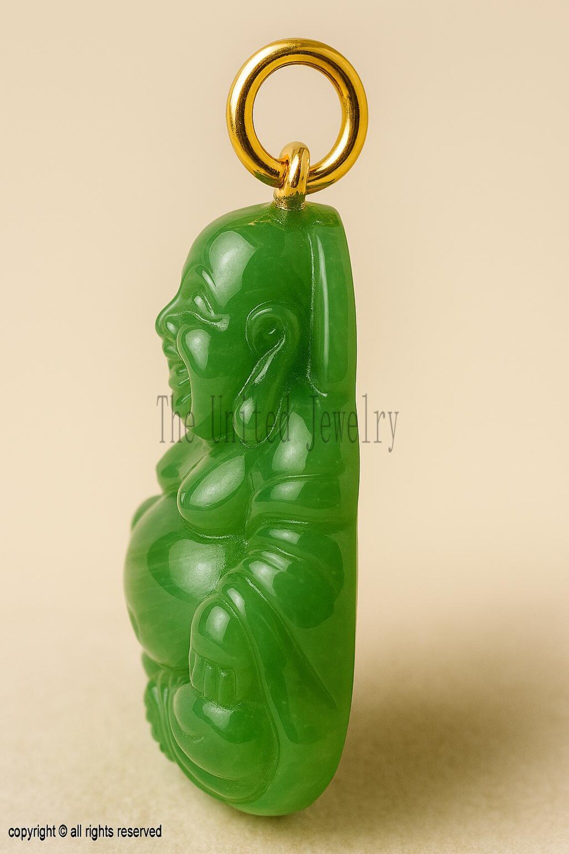 Green Jade Laughing Buddha Pendant: Gold-Plated Sterling Silver Amulet
