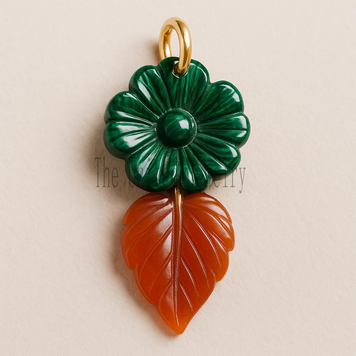 Malachite Flower & Carnelian Leaf Pendant | Handcrafted Gemstone Charm | 925 Silver Jump Ring | Nature-Inspired Jewelry