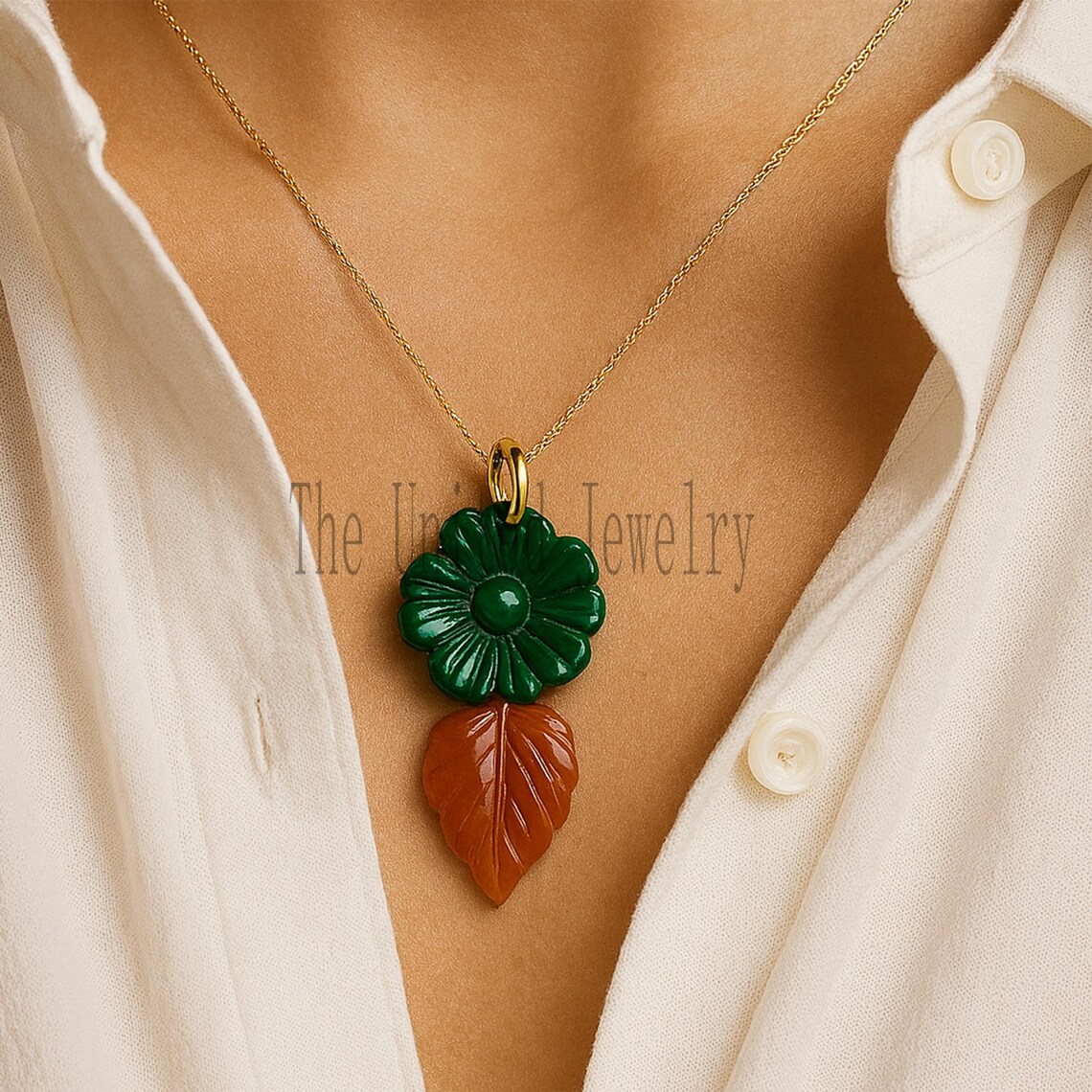Malachite Flower & Carnelian Leaf Pendant | Handcrafted Gemstone Charm | 925 Silver Jump Ring | Nature-Inspired Jewelry