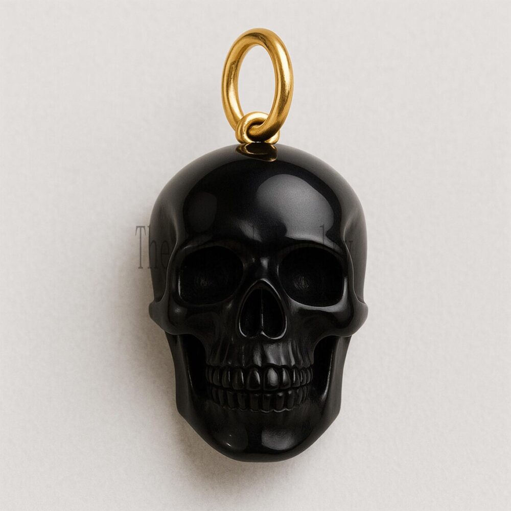 Black Obsidian Skull Pendant with Gold-Plated Jump Ring – Hand-Carved Gothic Amulet