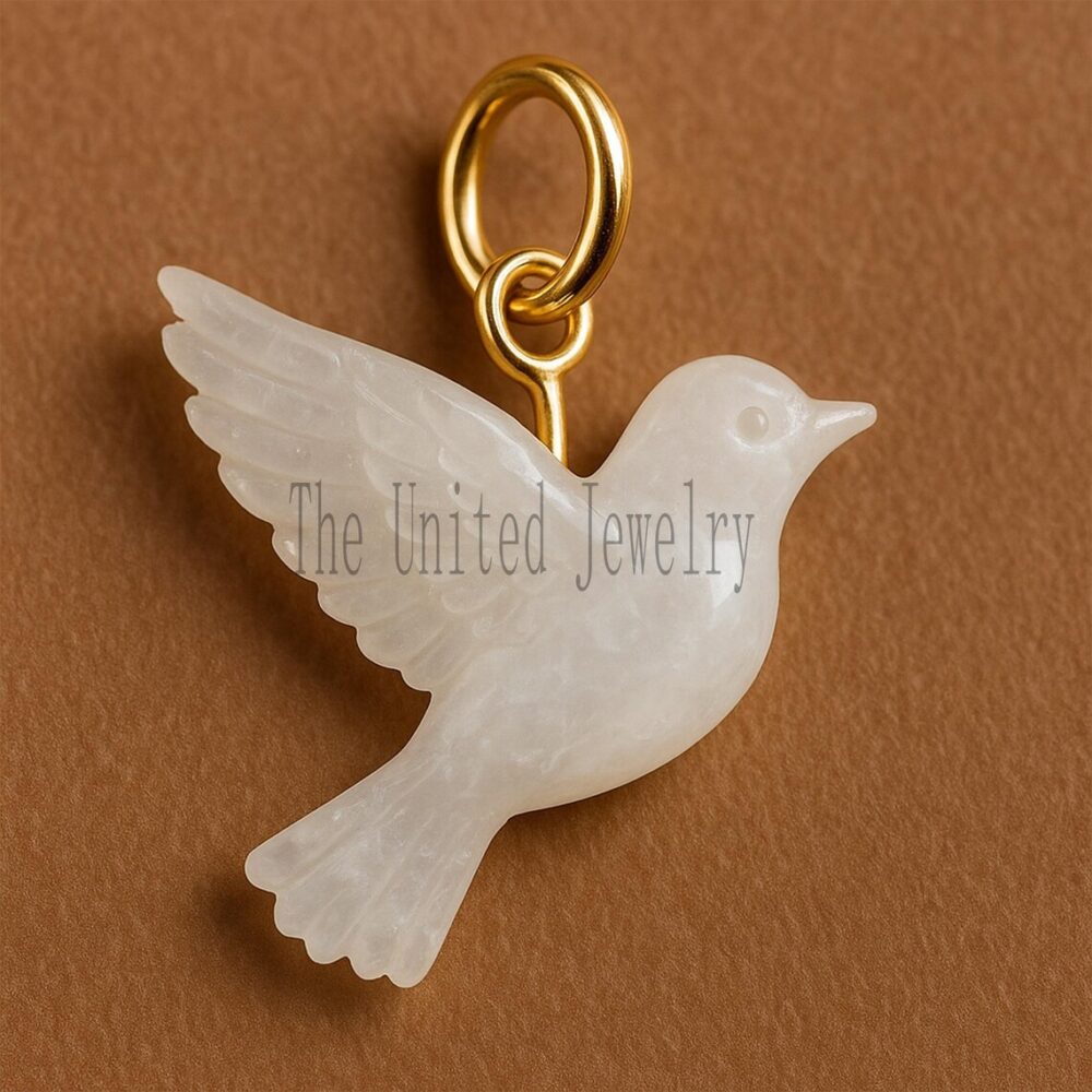 Hand-Carved White Stone Bird Pendant: Gold-Plated Sterling Silver Dove Necklace