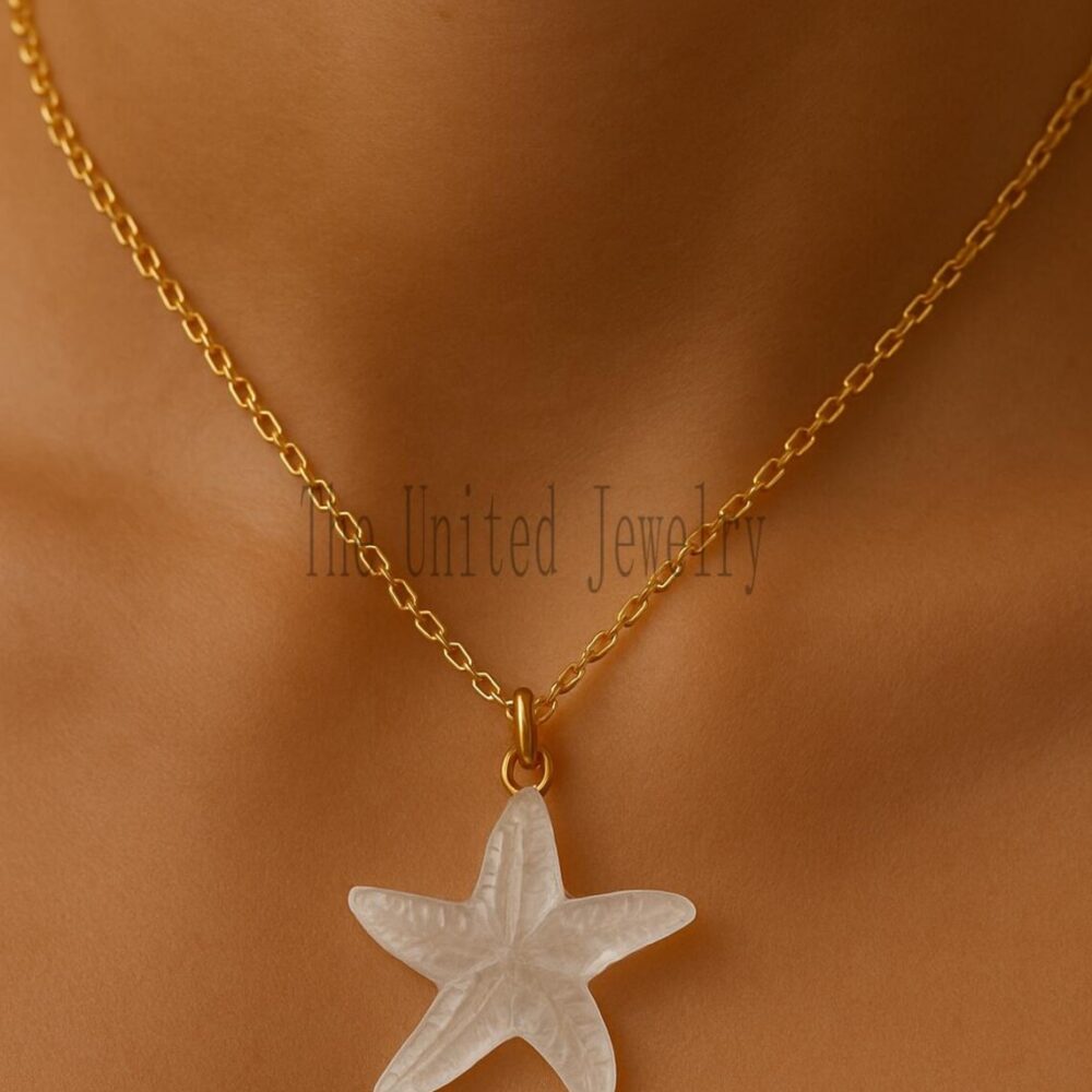 Hand-Carved White Starfish Pendant: 925 Sterling Silver Gold-Plated Charm