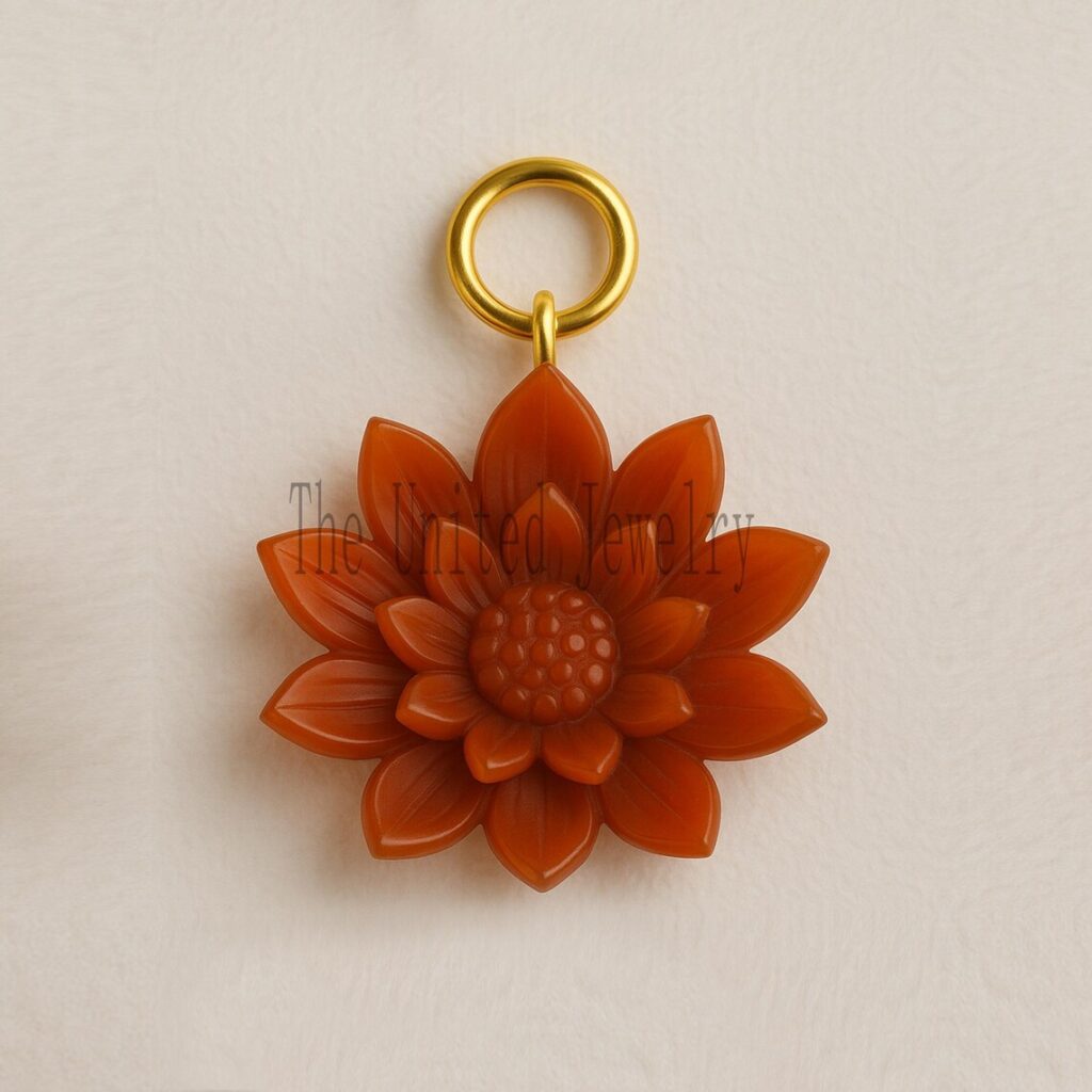 Hand-Carved Carnelian Flower Pendant: Gold Plated Sterling Silver Boho Charm