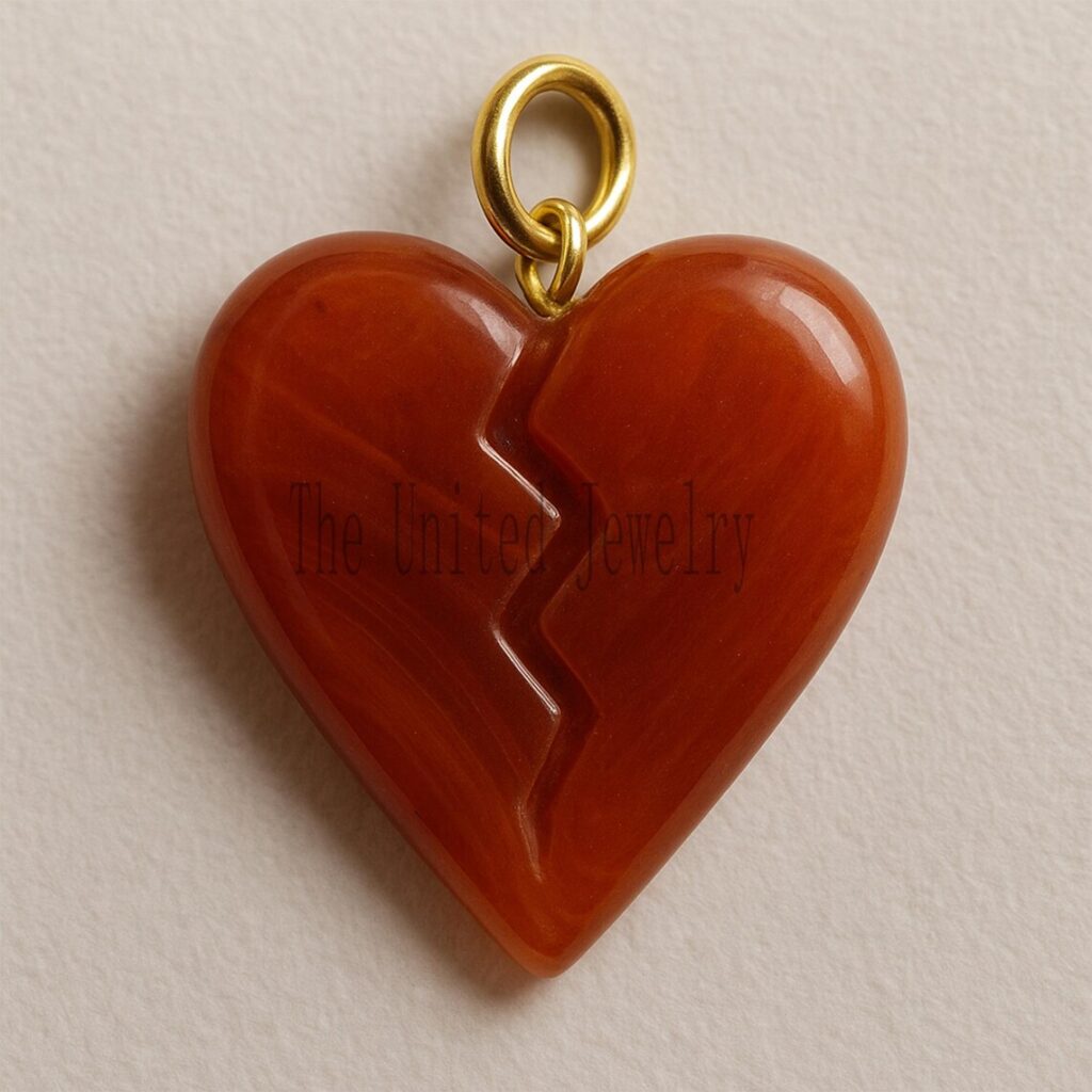 Hand-Carved Carnelian Broken Heart Pendant: Gold Plated Sterling Silver
