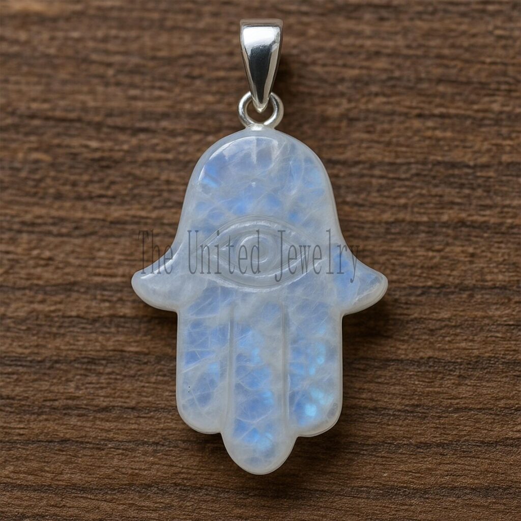Rainbow Moonstone Hamsa Pendant: Sterling Silver Protection AmuletRainbow Moonstone Hamsa Pendant: Sterling Silver Protection Amulet