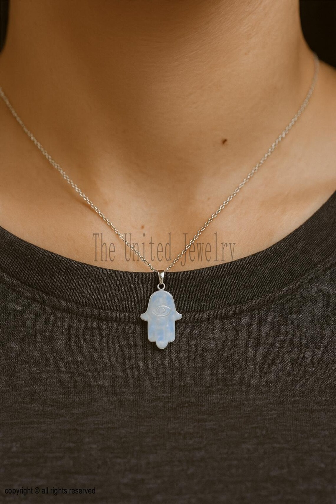 Rainbow Moonstone Hamsa Pendant: Sterling Silver Protection Amulet
