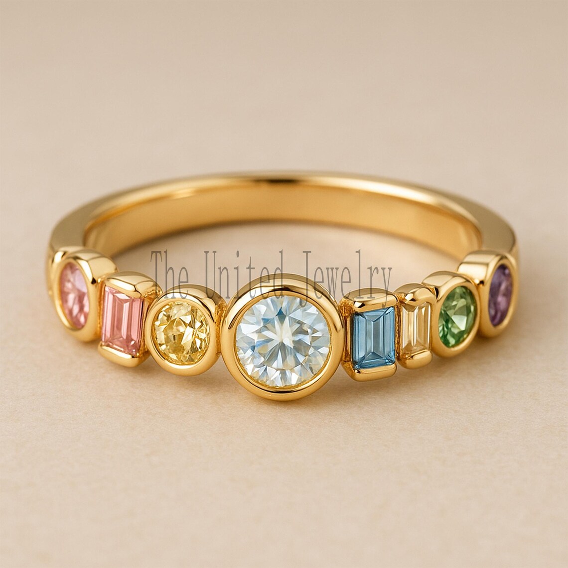 Moissanite Rainbow Sapphire Ring: Gold Plated Sterling Silver Stacking Band