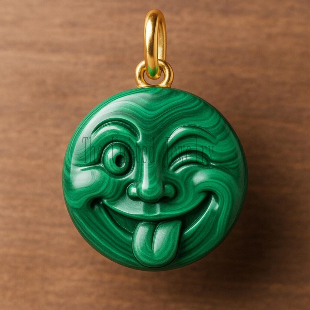 Handmade Malachite Winking Face Pendant: Gold Plated Sterling Silver Charm