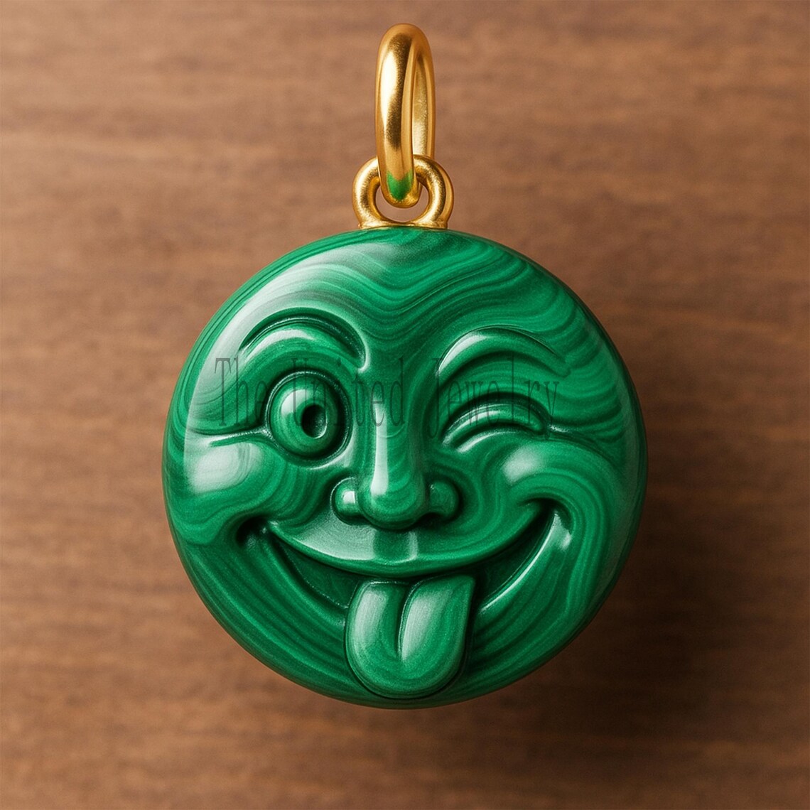 Handmade Malachite Winking Face Pendant: Gold Plated Sterling Silver Charm