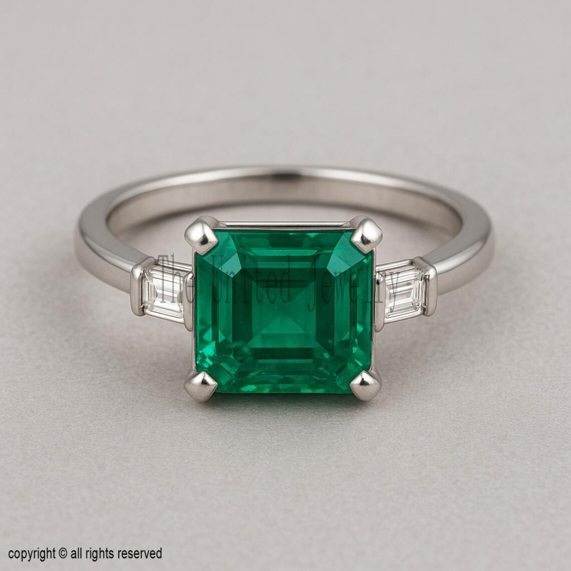 925 Sterling Silver Emerald Cut Green Gemstone Ring – Baguette Side Stones, Engagement & Statement Jewelry