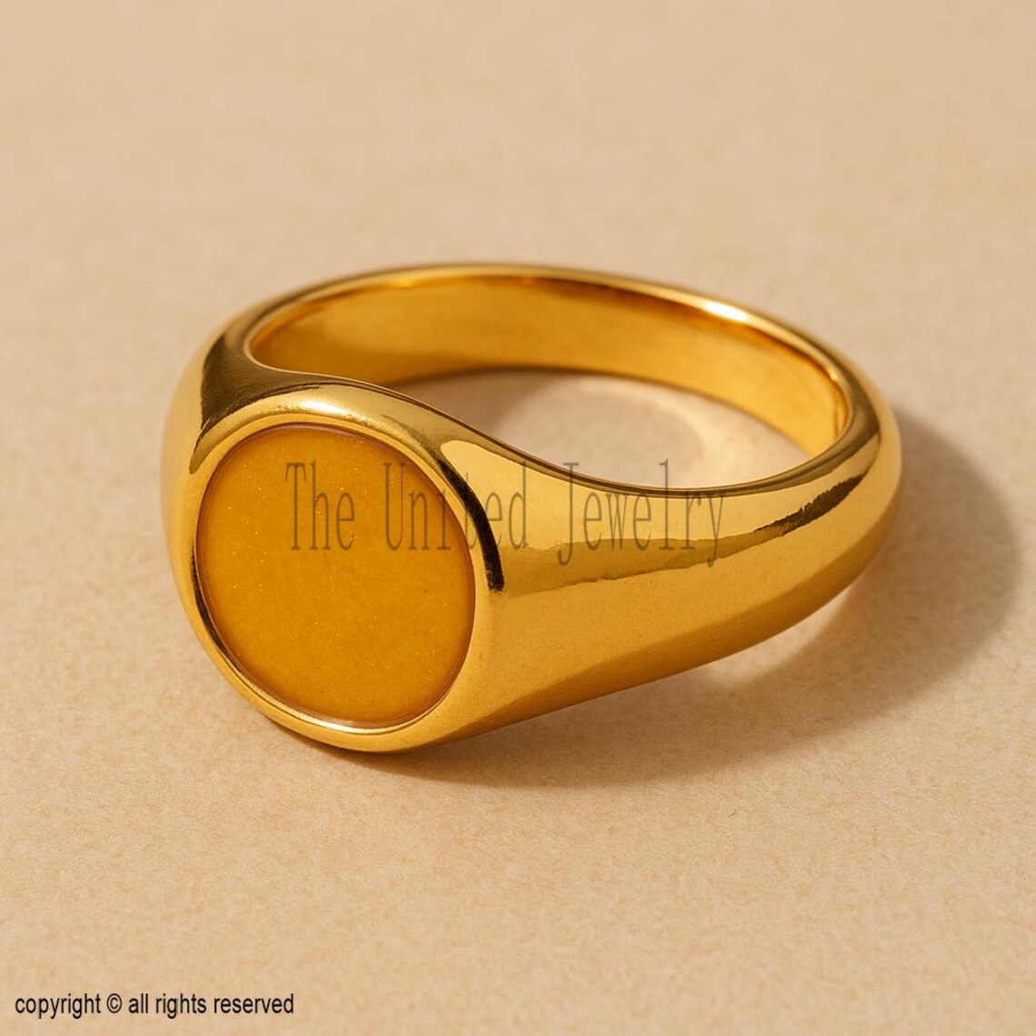 925 Sterling Silver Oval Signet Ring with Yellow Enamel – Gold Plated Minimalist Statement Ring