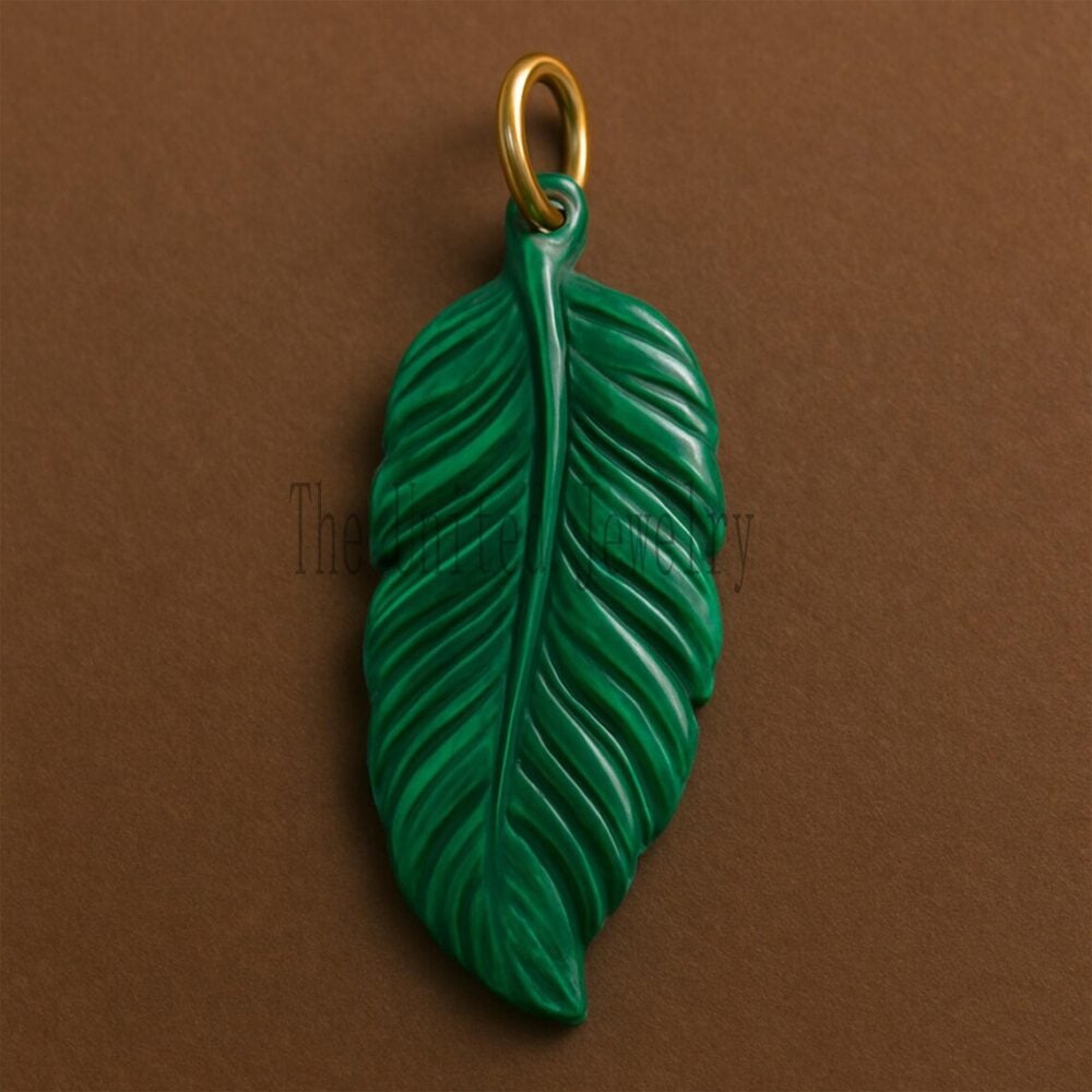 Hand-Carved Malachite Feather Pendant: Gold Vermeil Sterling Silver Bail