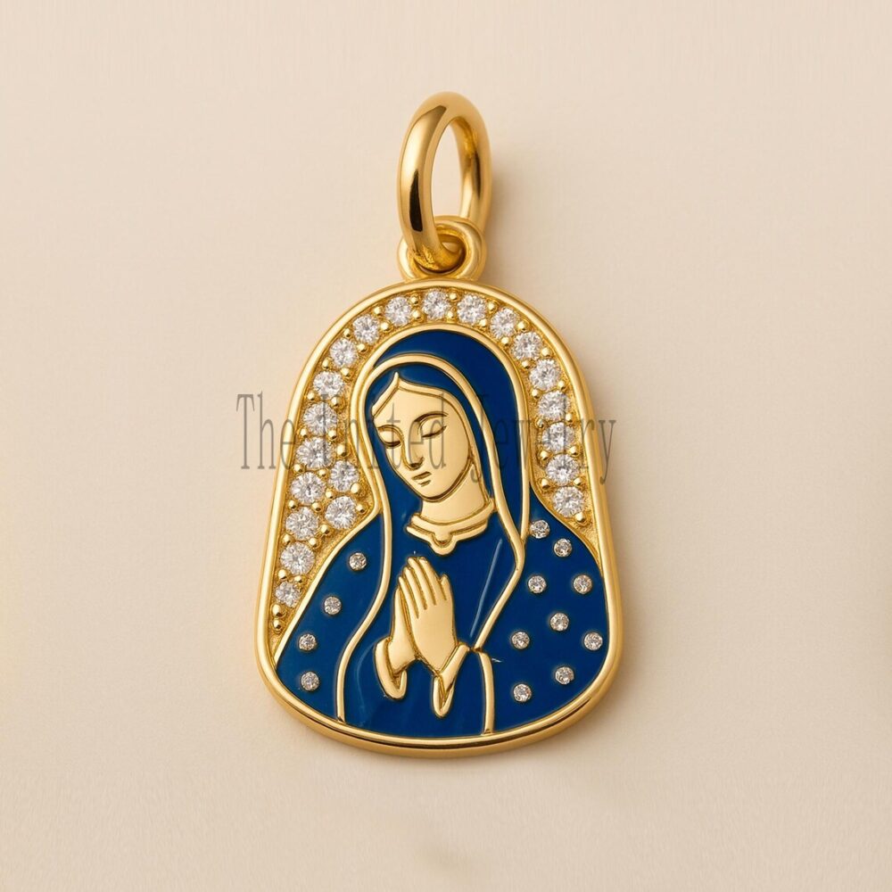 Virgin Mary Pendant: Blue Enamel, Pave CZ Diamonds, Gold Vermeil Sterling Silver