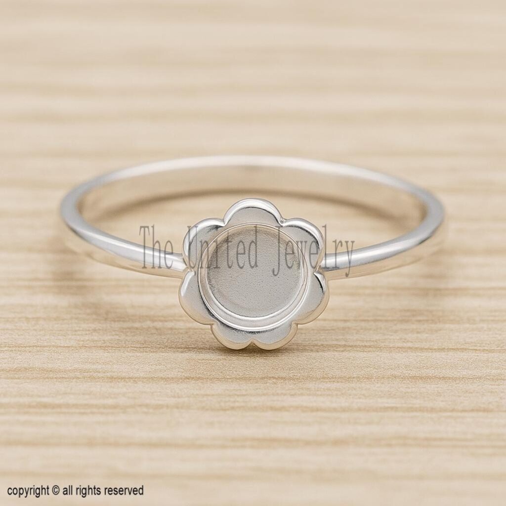 Sterling Silver Flower Bezel Ring Base – Adjustable DIY Jewelry Setting
