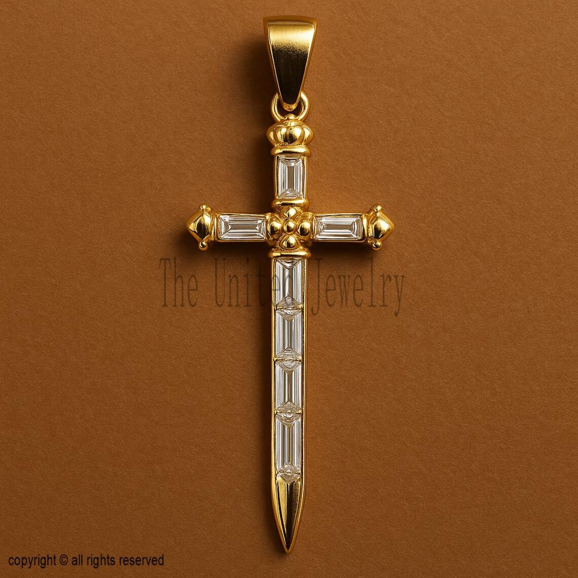 Gold Cross Sword Pendant: Baguette CZ Diamond, 925 Sterling Silver