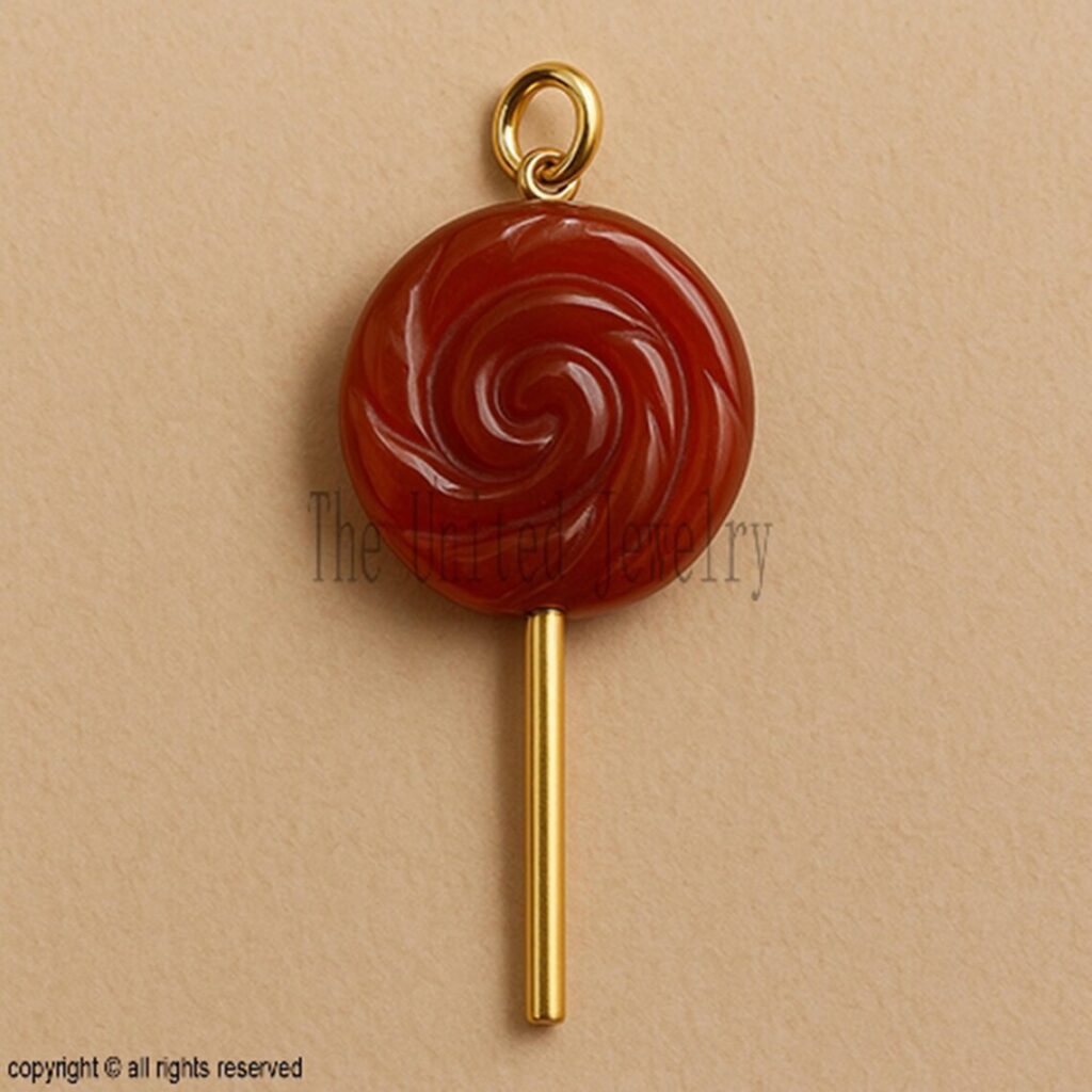 Carnelian Lollipop Pendant – 925 Sterling Silver Gold Plated Candy Charm