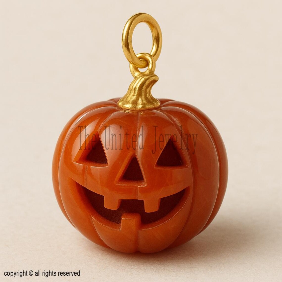 Halloween Pumpkin Pendant: Carved Gemstone Jack-O'-Lantern, Gold Plated Sterling Silver