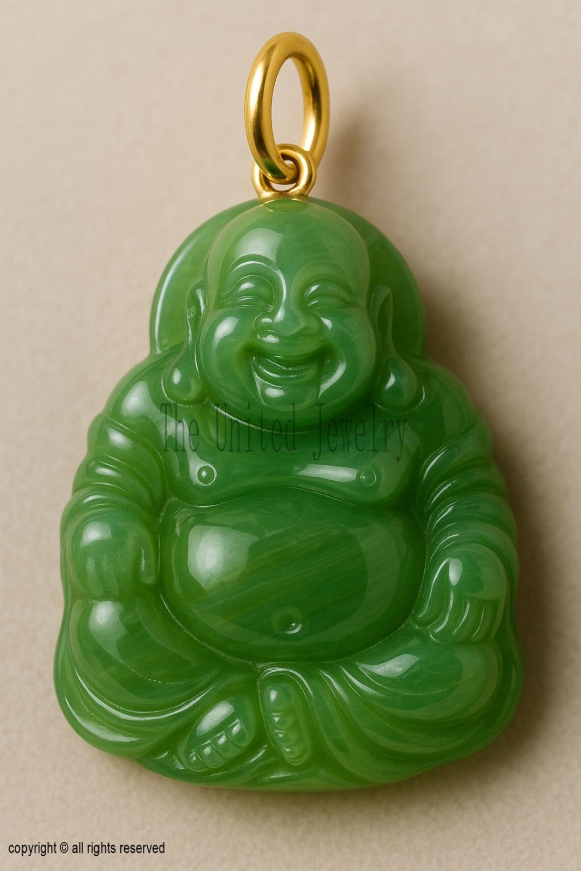Green Jade Laughing Buddha Pendant: Gold-Plated Sterling Silver Amulet