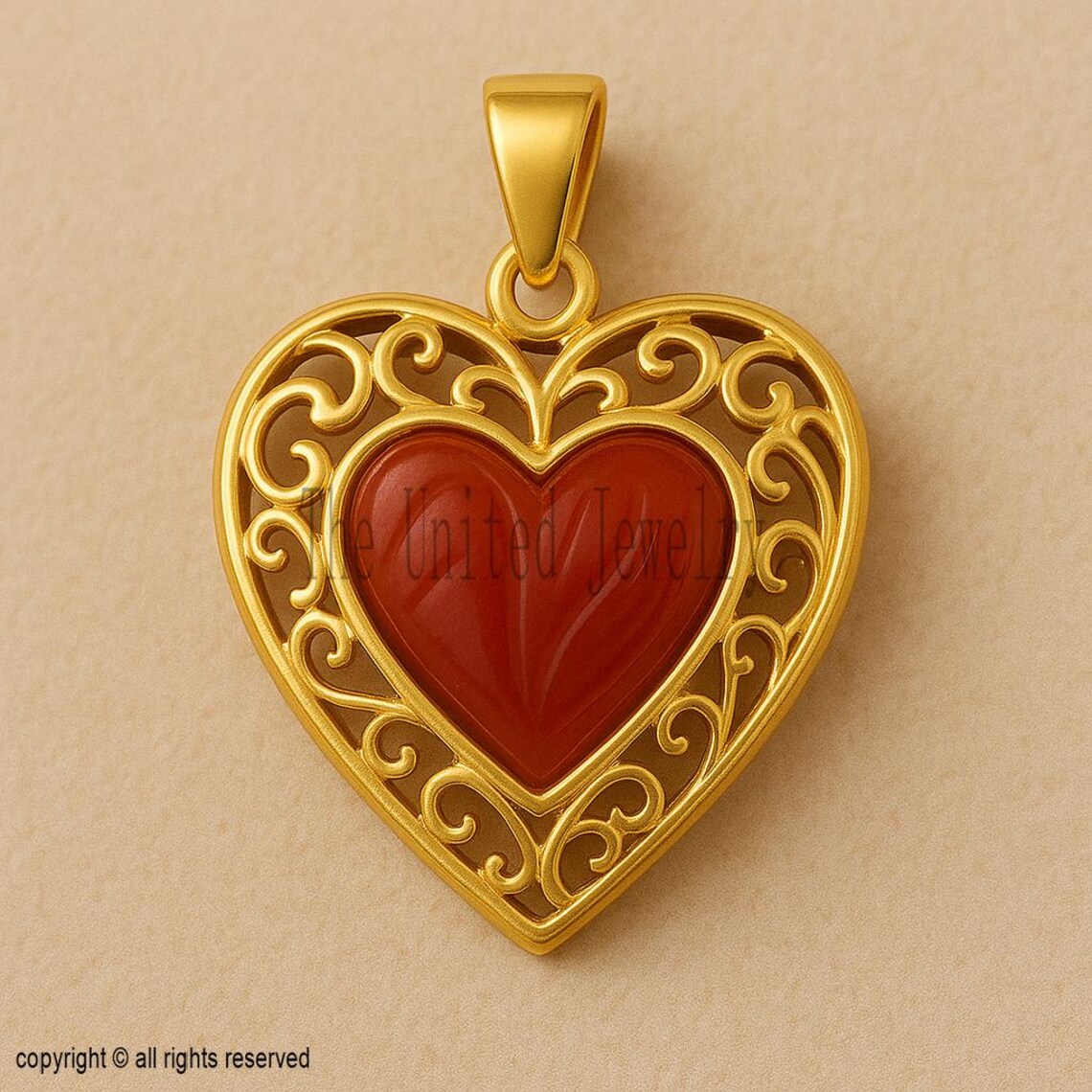 Gold Plated Filigree Carnelian Heart Pendant – Sterling Silver Handmade Jewelry