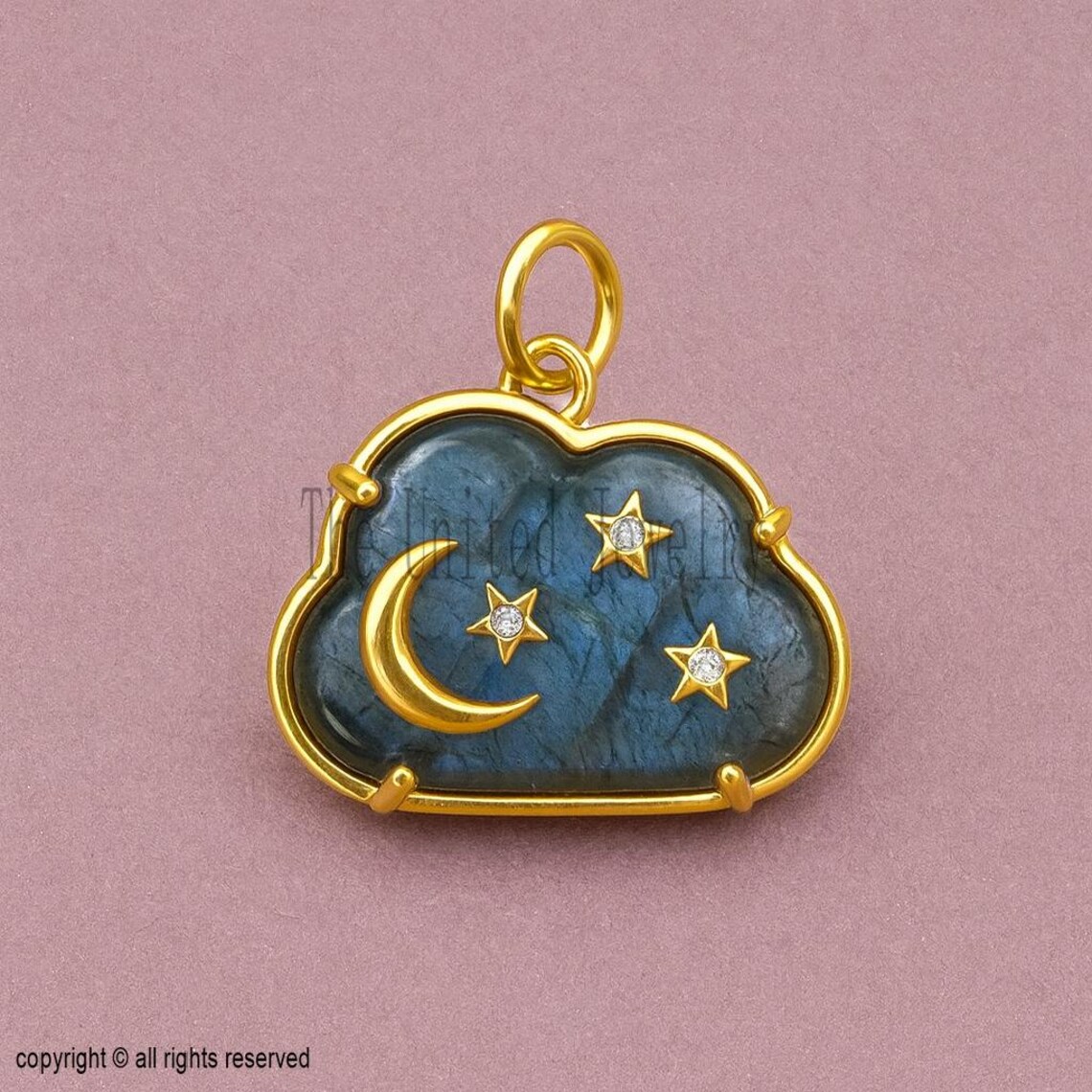 Labradorite Cloud Pendant: Sterling Silver Moissanite Star Moon Necklace