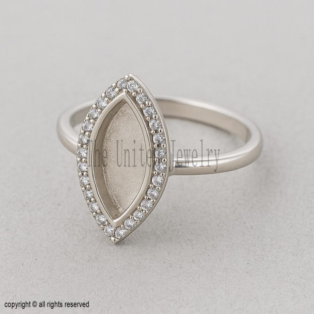 Sterling Silver Marquise Ring Base: Pave CZ Halo, DIY Jewelry Setting