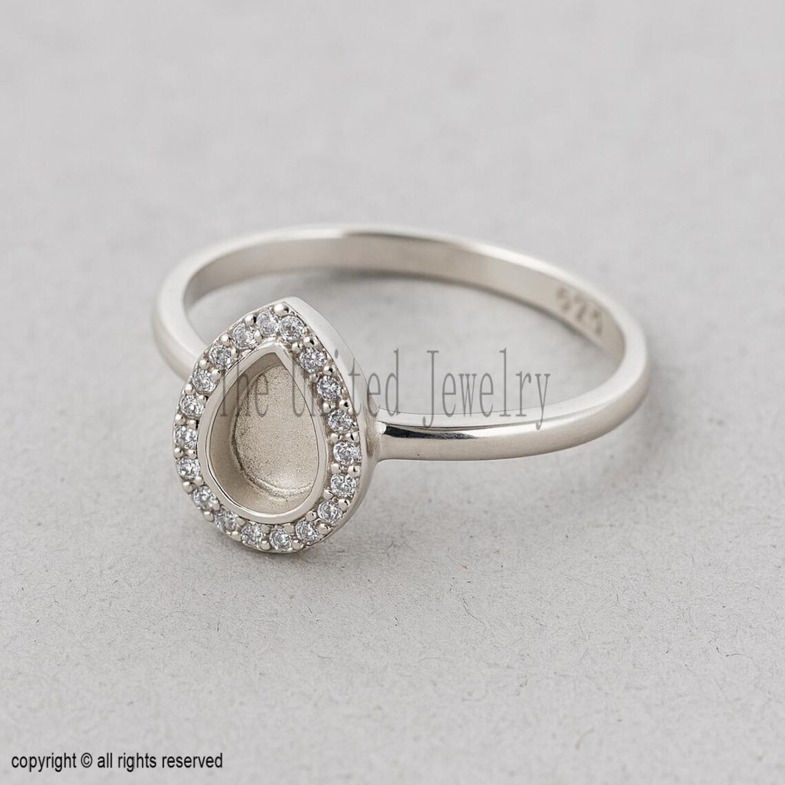 Sterling Silver Pear Ring Base: Pave CZ Halo, DIY Jewelry Setting