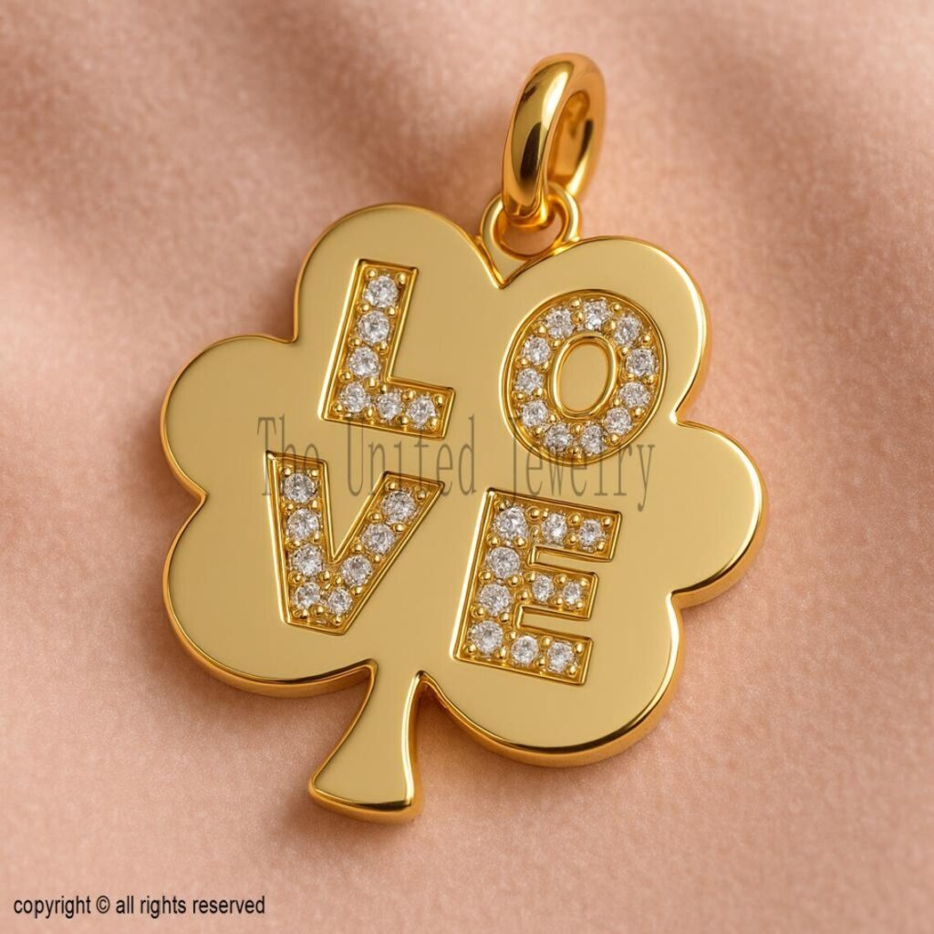 Gold Plated Sterling Silver Clover LOVE Pendant Necklace: CZ Diamond Charm