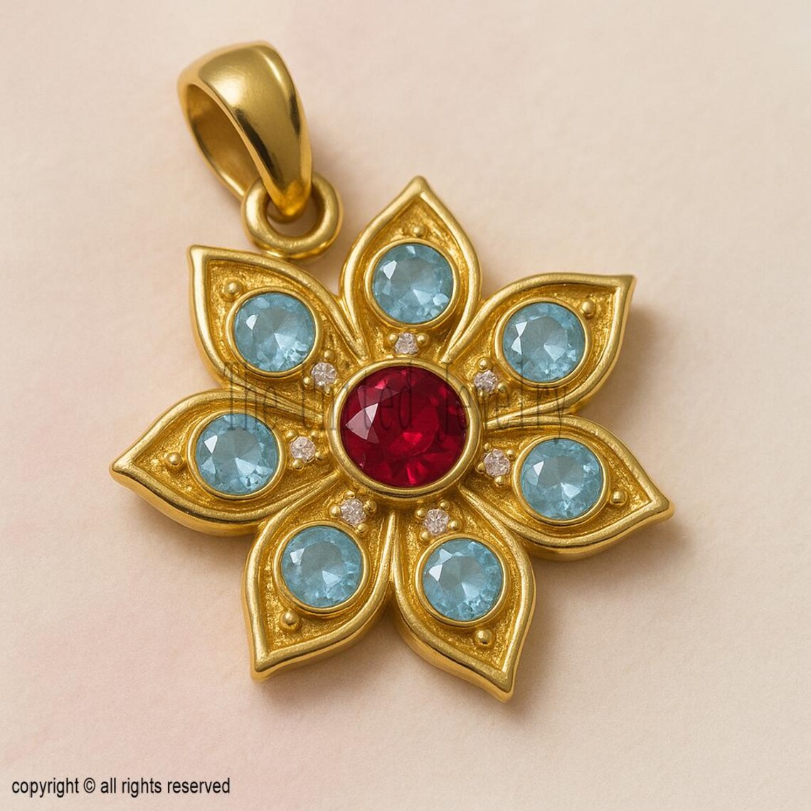 925 Sterling Silver Floral Pendant | Gold Plated Flower Charm with Ruby & Aquamarine Stones