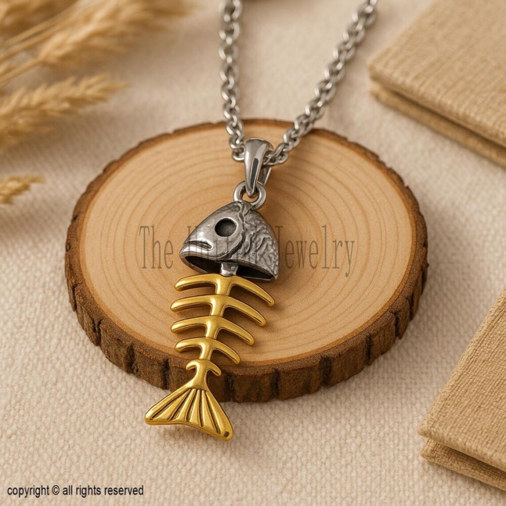 925 Sterling Silver Fishbone Pendant Necklace | Two Tone Silver & Gold Skeleton Fish Charm