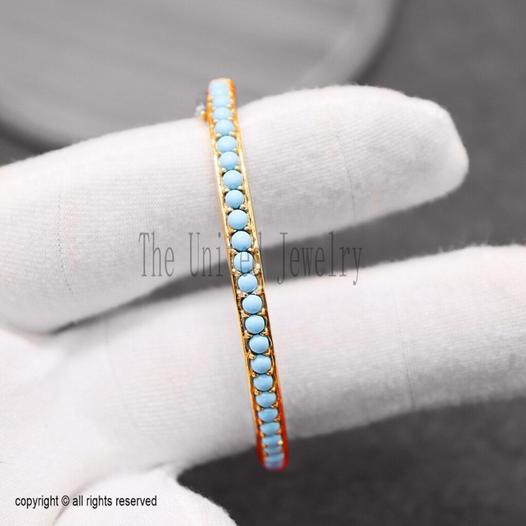 Gold Bangle with Turquoise Stones – 925 Sterling Silver, 18K Gold Plated Cuff Bracelet