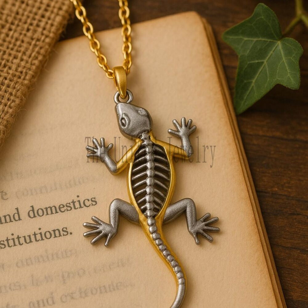Two-Tone Sterling Silver Skeleton Lizard Necklace – Gothic Reptile Jewelry