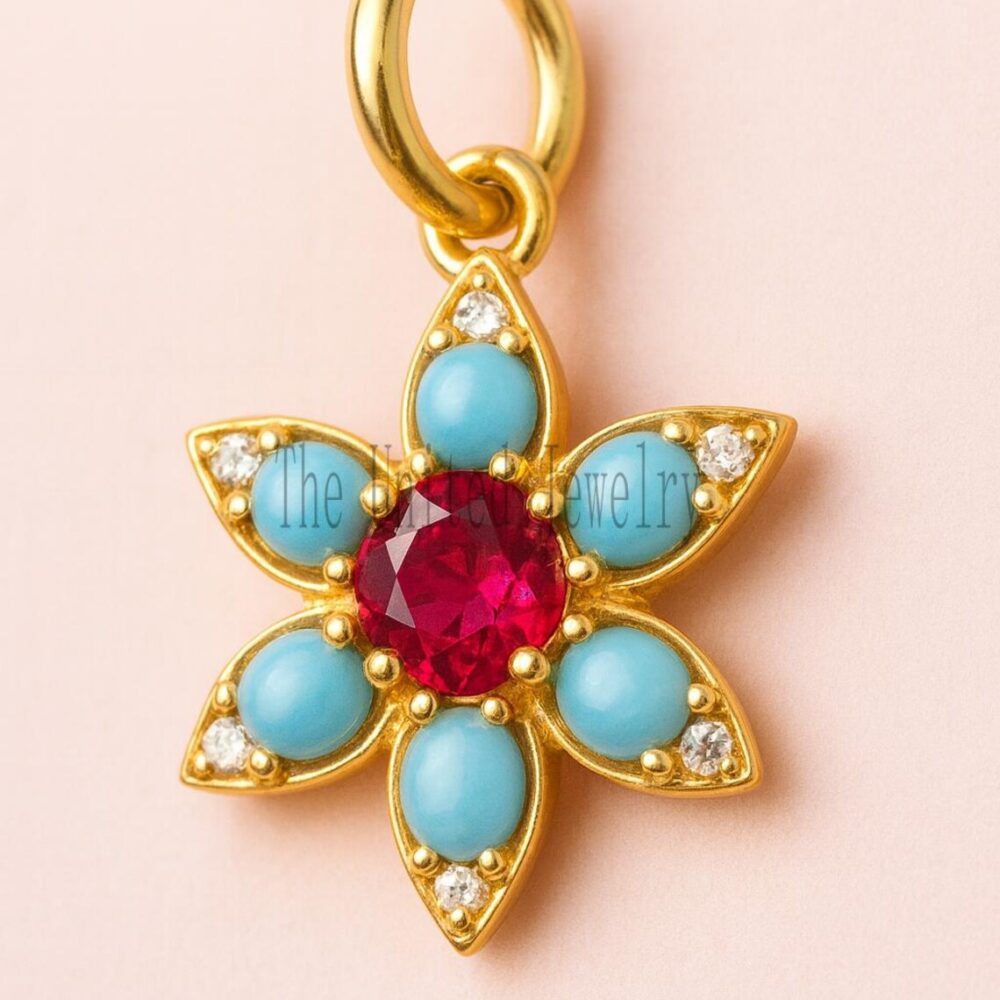 925 Sterling Silver Floral Pendant | Gold Plated Flower Charm with Ruby, Turquoise & White Stones