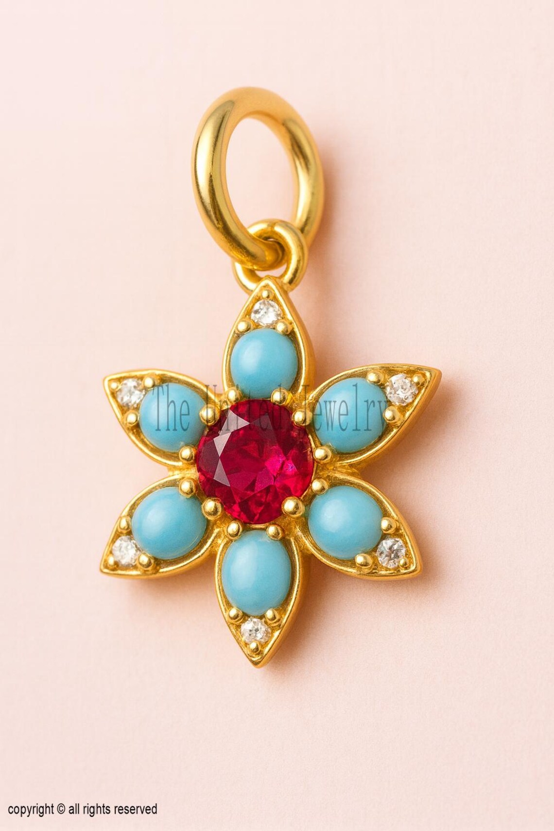 925 Sterling Silver Floral Pendant | Gold Plated Flower Charm with Ruby, Turquoise & White Stones