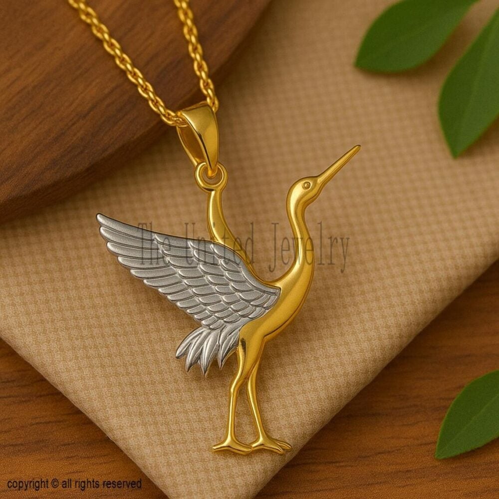 Sterling Silver Crane Pendant: Two-Tone Gold Bird Necklace