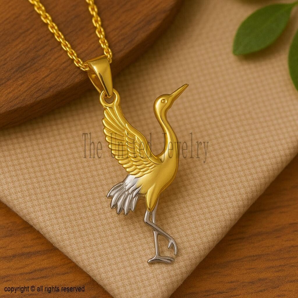 Sterling Silver Crane Necklace | Two-Tone Gold & Silver Bird Pendant