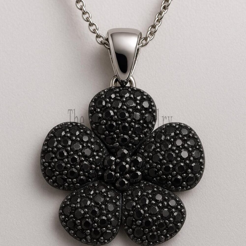 Sterling Silver Black CZ Flower Pendant Necklace, Rhodium Plated