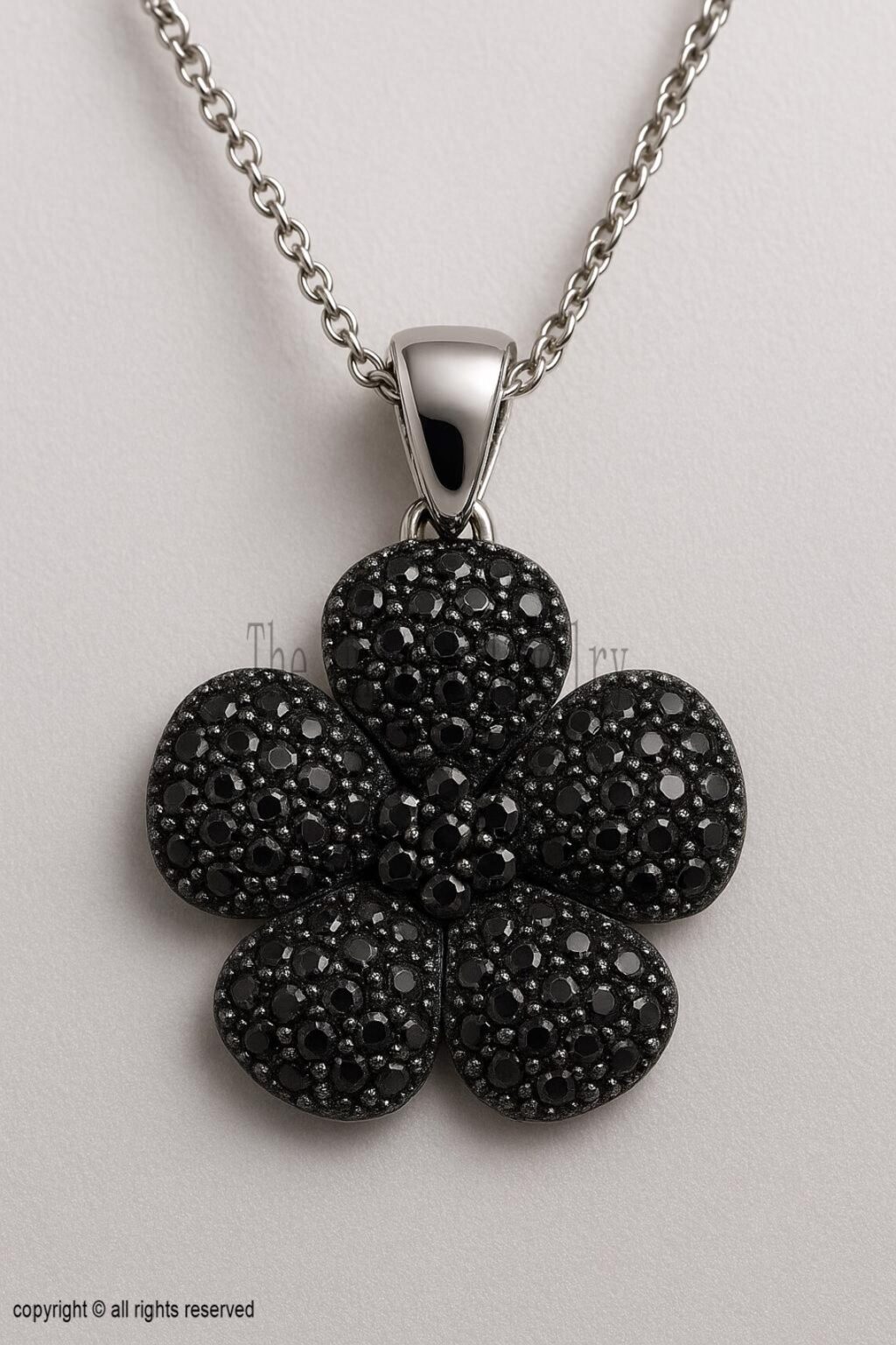Sterling Silver Black CZ Flower Pendant Necklace, Rhodium Plated