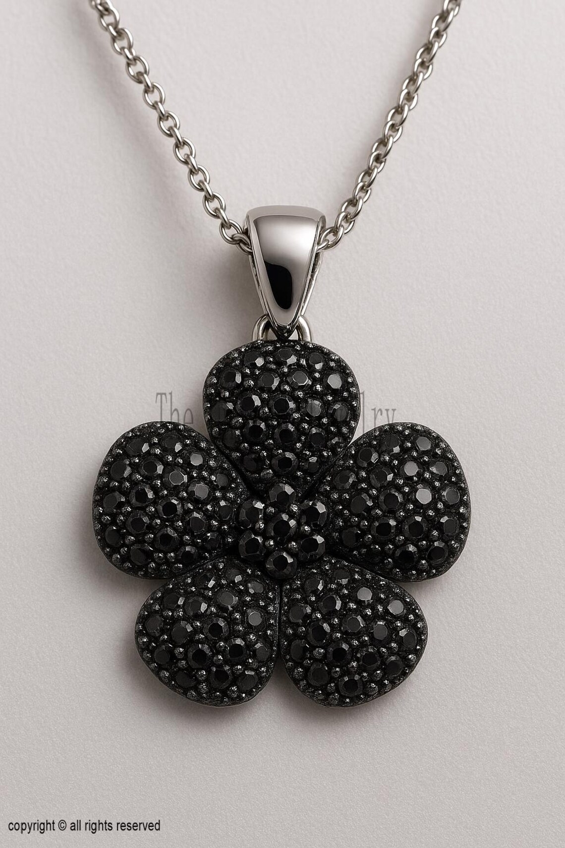 Sterling Silver Black CZ Flower Pendant Necklace, Rhodium Plated
