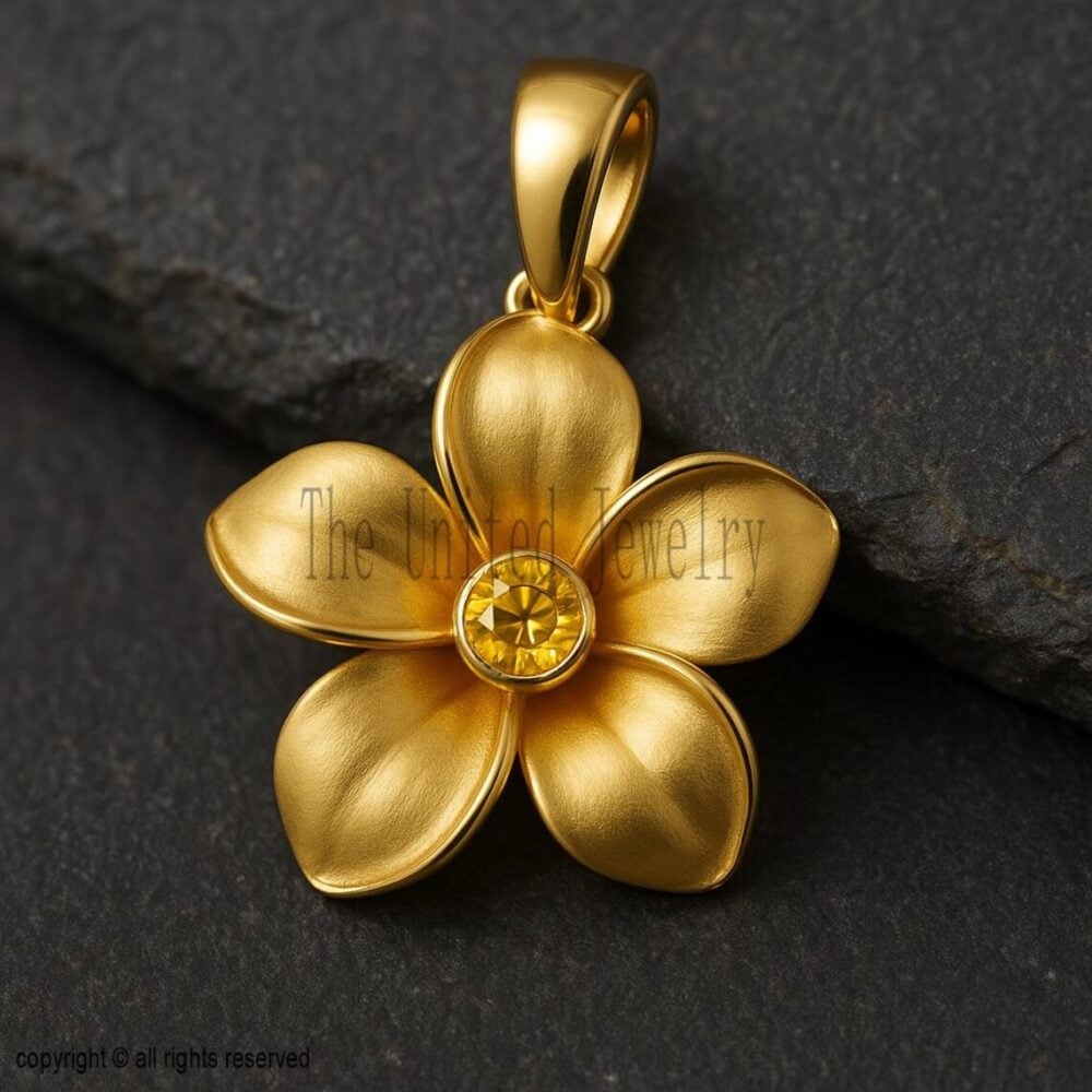 18K Gold Plated Sterling Silver Plumeria Pendant: Citrine Flower Charm