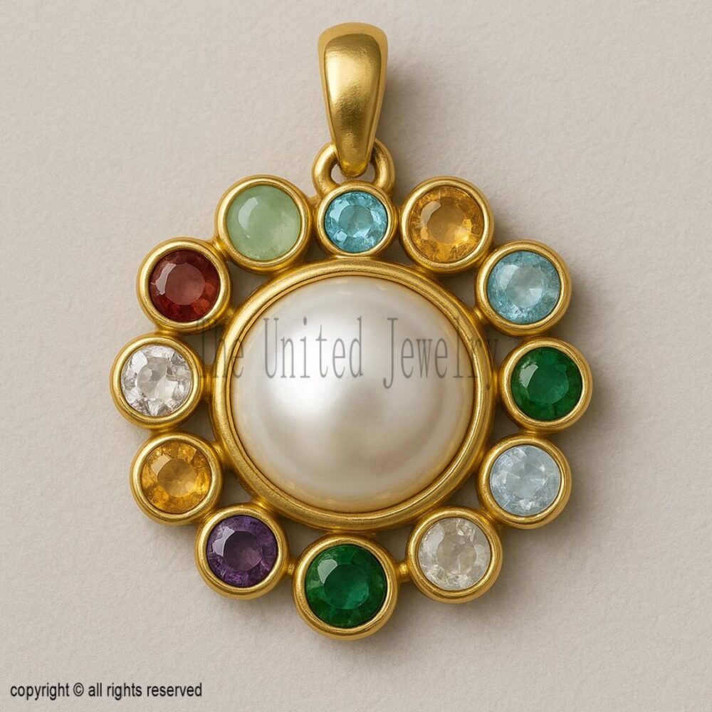 18K Gold Vermeil Navratna Pearl Pendant: 9 Gemstone Sterling Silver
