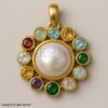18K Gold Vermeil Navratna Pearl Pendant: 9 Gemstone Sterling Silver