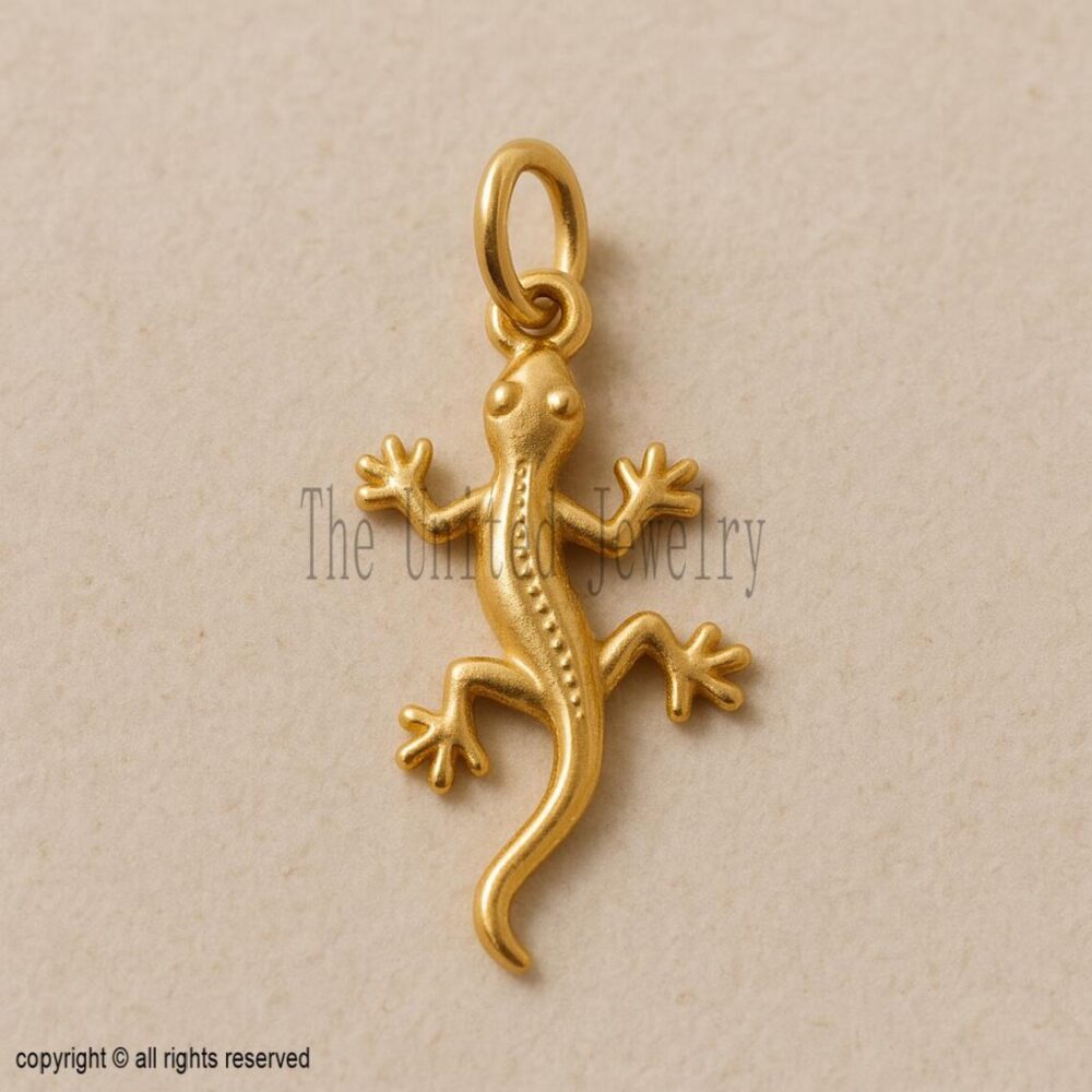 Gecko Lizard Pendant | 925 Sterling Silver Gold Plated Animal Charm | Handmade Reptile Jewelry