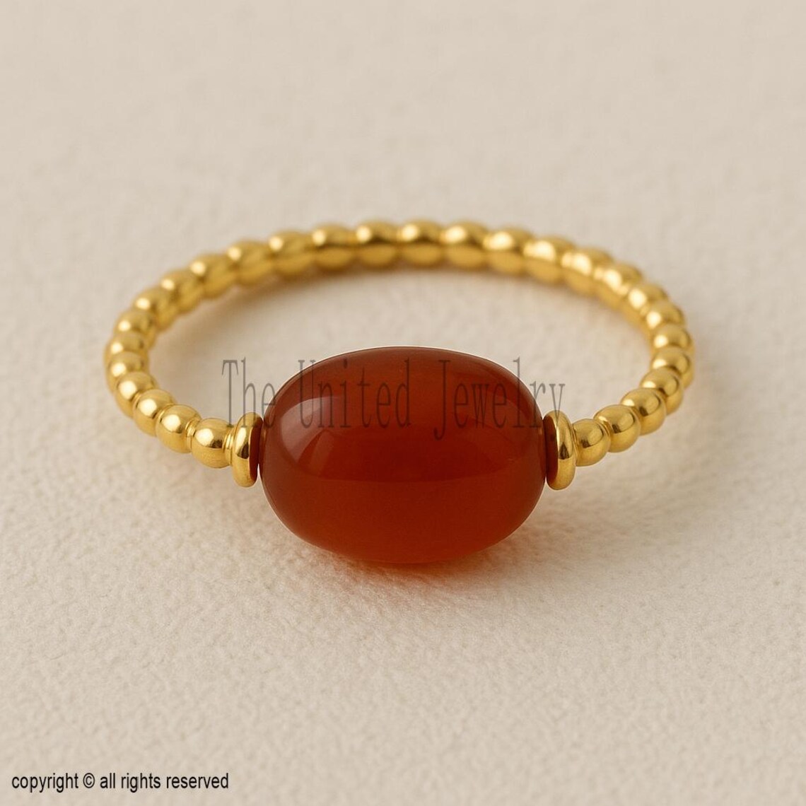18K Gold Plated Sterling Silver Red Carnelian Beaded Ring