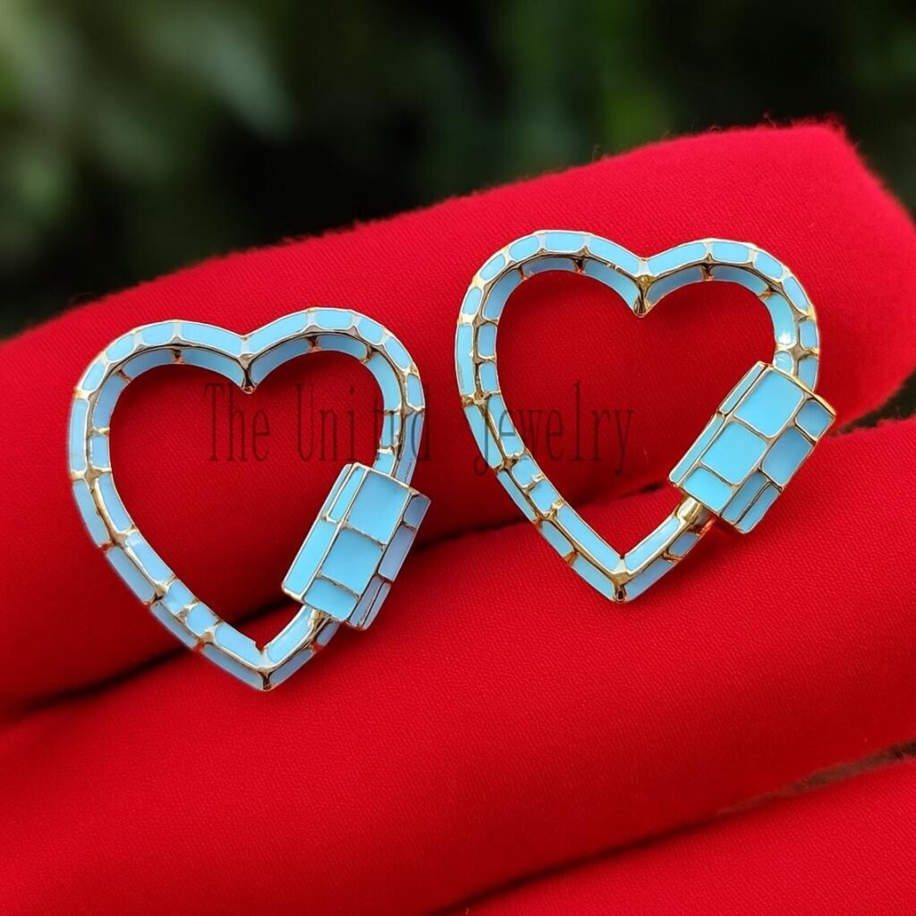 Turquoise Color Enamel Heart Shape 925 Sterling Silver Gold Plated Carabiner Clasp Lock Jewelry