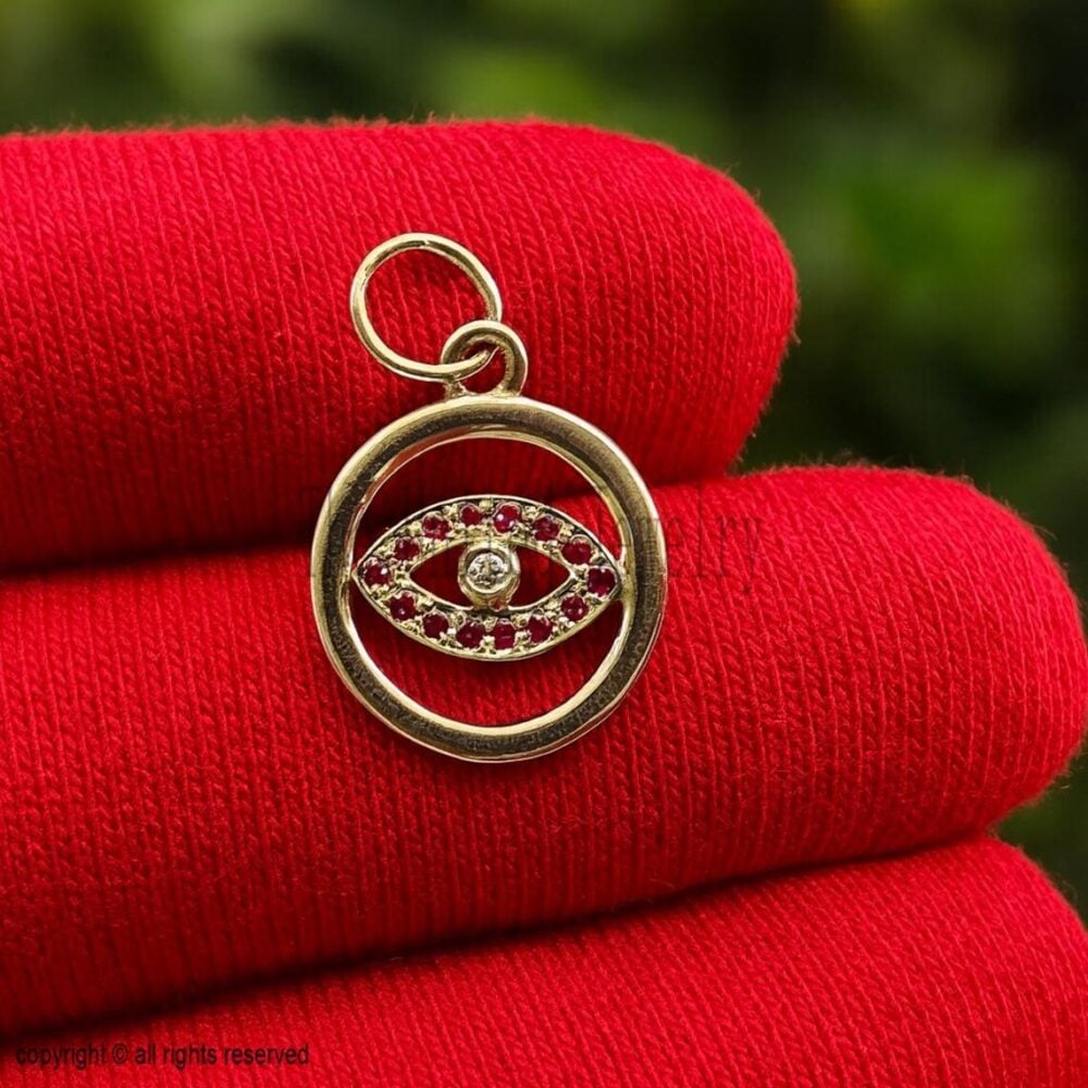 Dainty Ruby Handmade 925 Sterling Silver Round Evil Eye Charm Pendant Necklace Jewelry