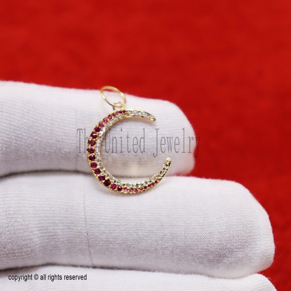 Gold Plated Crescent Moon Pendant • Ruby & CZ 925 Sterling Silver Charm