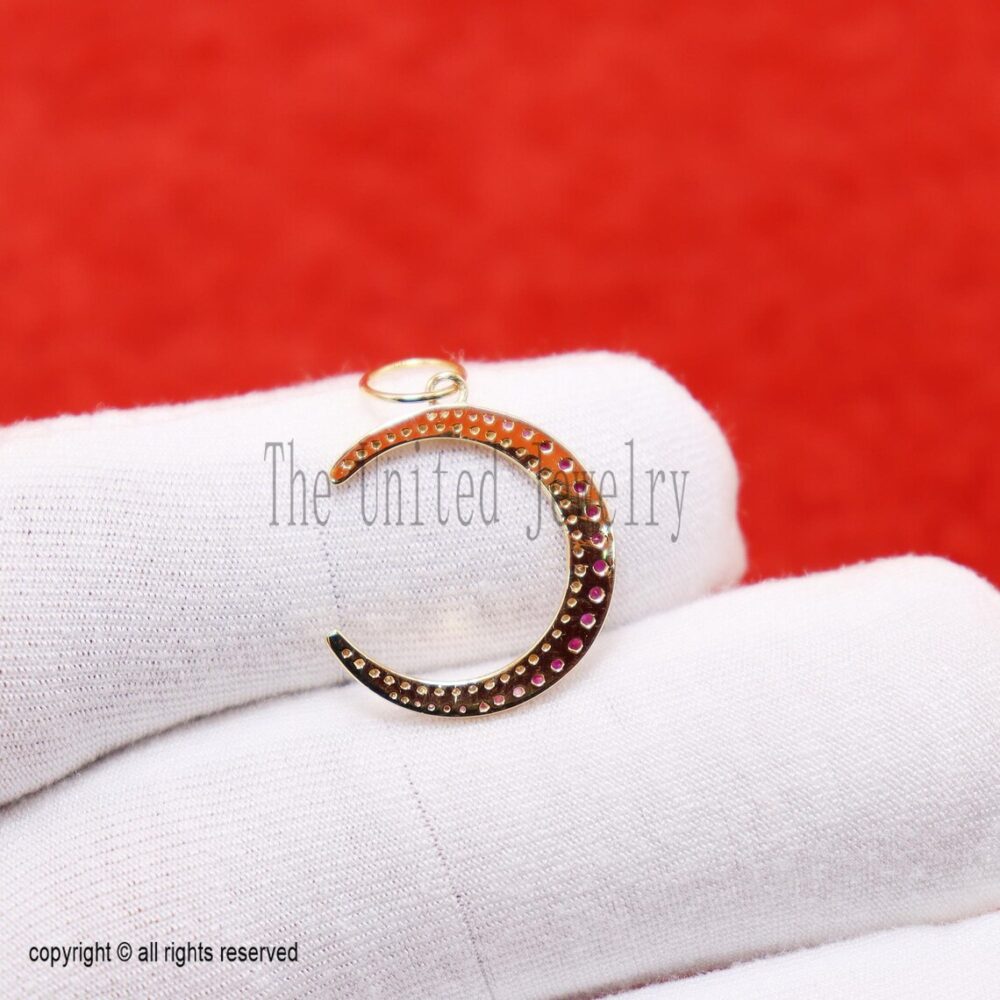Gold Plated Crescent Moon Pendant • Ruby & CZ 925 Sterling Silver Charm