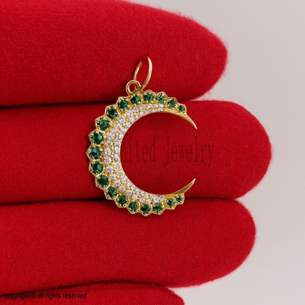 925 Sterling Silver Handmade Tsavorite And Diamond Crescent Moon Charm Pendant Necklace